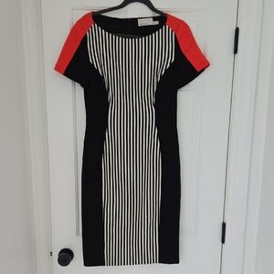 KAREN MILLEN • Chic Black and White Striped Dress with Orange Accents, Size  10